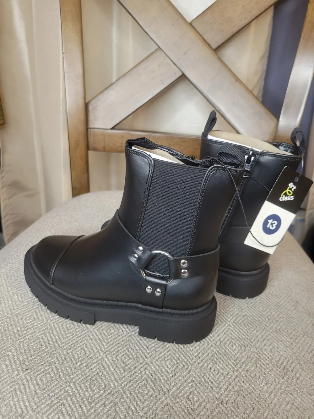 Kids Art Class Black Faux Leather Zip Chelsea Boots with Harness Detail